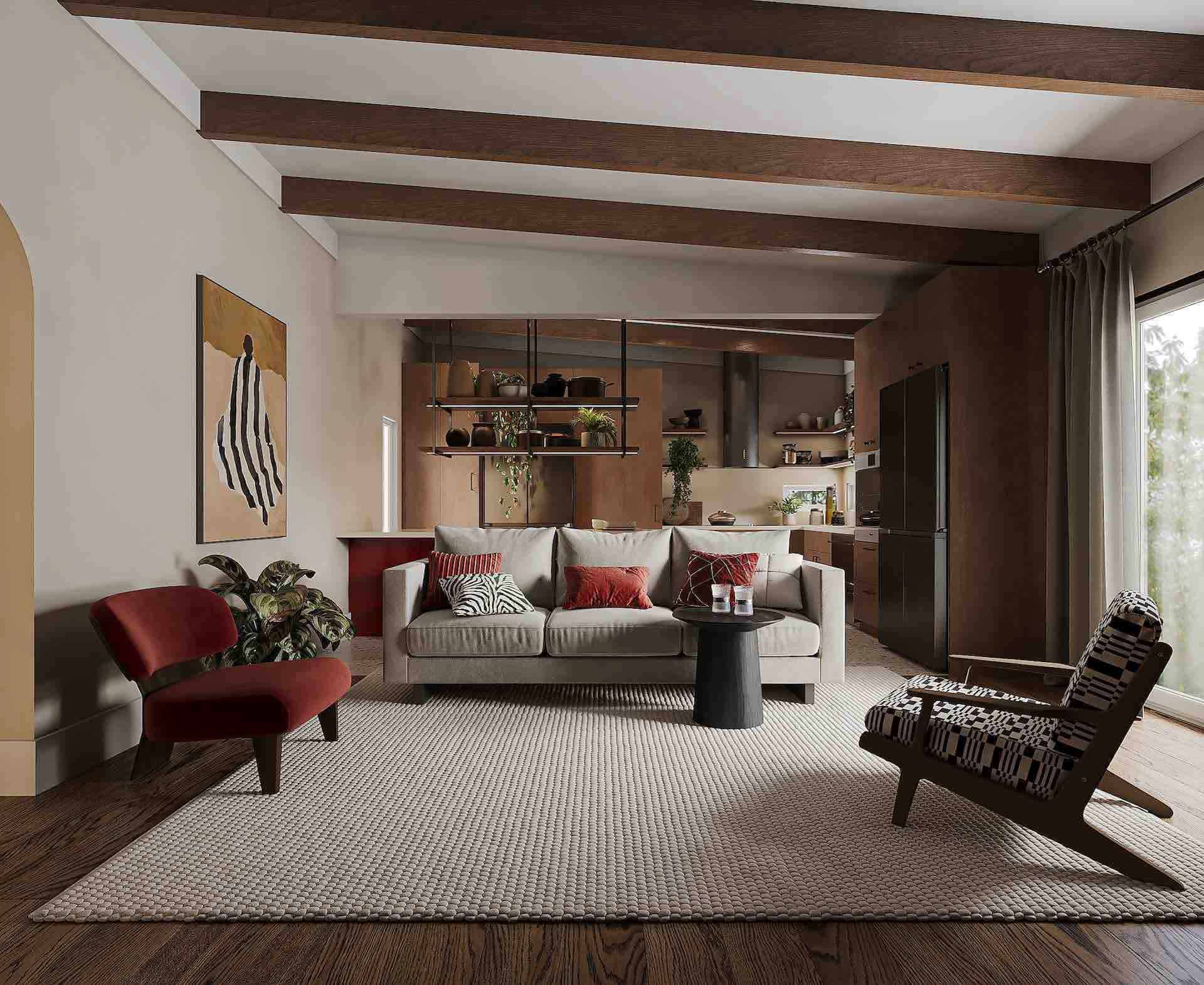 Beautifully remodeled open-concept living room with exposed wood beam ceiling, modern furniture, and seamless kitchen integration - New Dawn Construction